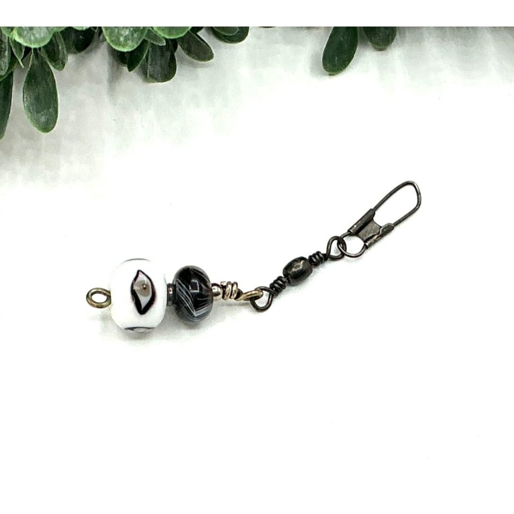 Handcrafted Beaded Keychain Clip With White and Black Glass Beads